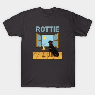 Rottweiler Dog (Rottie) Indoors with Window and Floral Spring Decoration T-Shirt